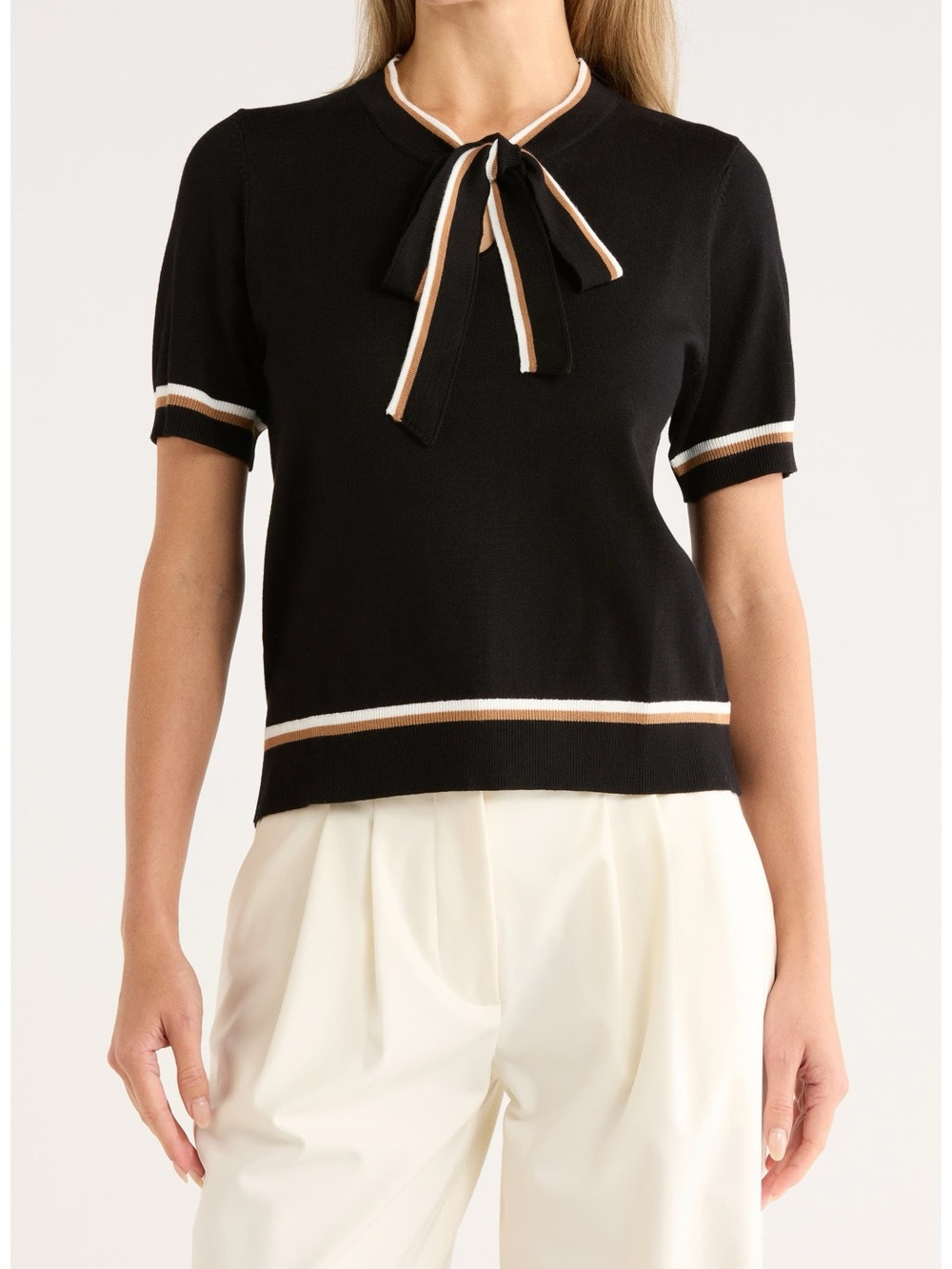 Adrianna Papell Bow Tie Knit Top Black Ivory Camel Short Sleeve L NWT